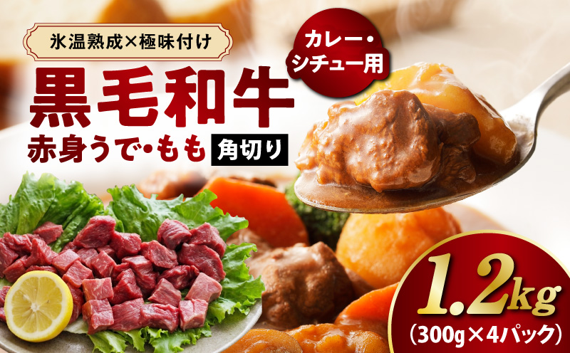 【氷温熟成×極味付け】黒毛和牛 赤身 うで・もも 角切り 1.2kg【煮込み用 300g×4P 小分け 訳あり サイズ不揃い 簡単調理 カット済み カレー シチュー 大阪 泉佐野 大阪府 泉佐野市】