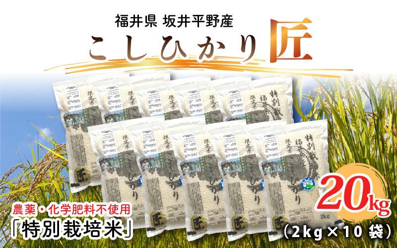 
【先行予約】【令和6年産・新米】農薬・化学肥料不使用 コシヒカリ匠 20kg (2kg × 10袋) 【2024年10月上旬以降順次発送予定】 [G-2903]
