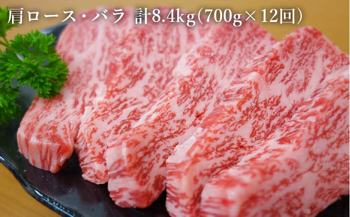 【全12回定期便】【五島の潮風・自然の恵みをうけた五島牛】五島牛焼肉セット（肩ロース・バラ 700g×12回 計8.4kg） [PAF013]