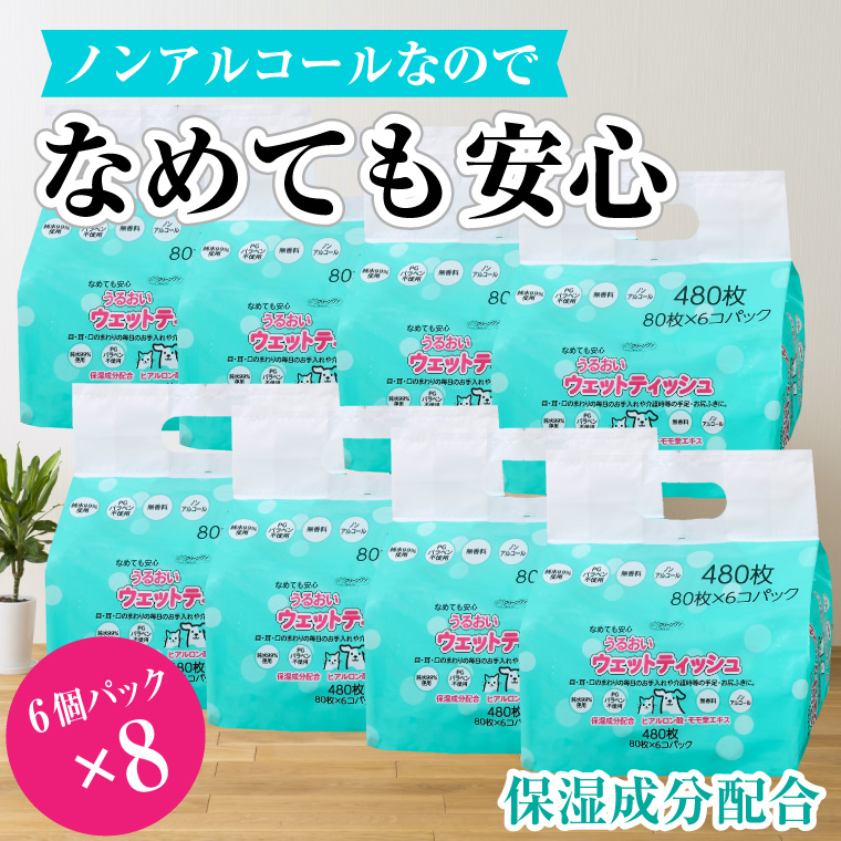 クリーンワン ペット用うるおいウェットティッシュ80枚入6個パック×8袋 ノンアルコール（a1309）