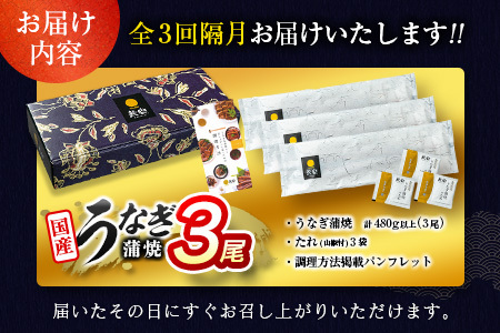 数量限定 うなぎ 定期便 鰻 3尾 隔月 26年4月6月8月お届け 全3回 計1.4kg以上 E267-040608