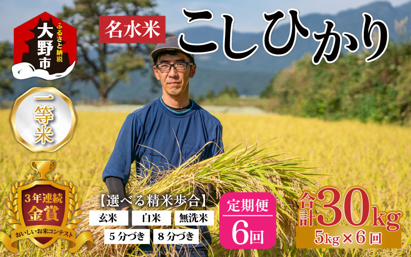 
【令和6年産 新米】【6ヶ月定期便】越前大野産 一等米 帰山農園の棚田育ちコシヒカリ 5kg × 6回 計30kg 【選べる精米方法】
