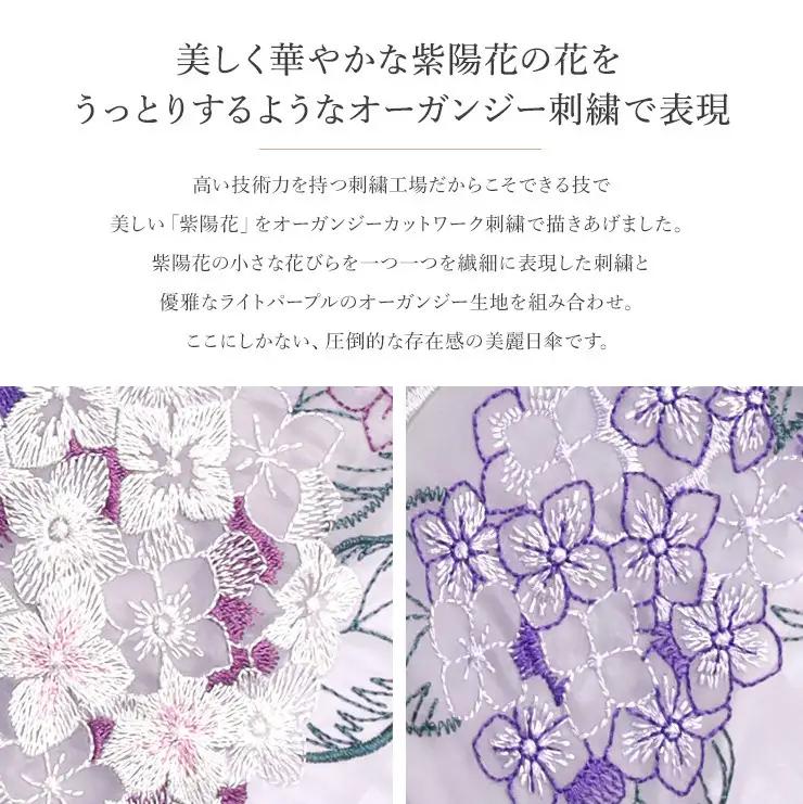 【シノワズリーモダン京都】女優日傘プレミアム 紫陽花オーガンジー刺繍 かわず張り長日傘 ミント