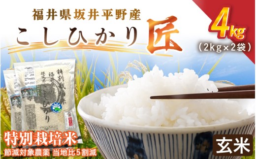 令和7年産 特別栽培米 コシヒカリ匠 4kg（2kg×2袋）節減対象農薬当地比5割減【玄米】【米 コメ お米 コシヒカリ ふるさと納税米 ブランド米 国産】 [A-2992_02]