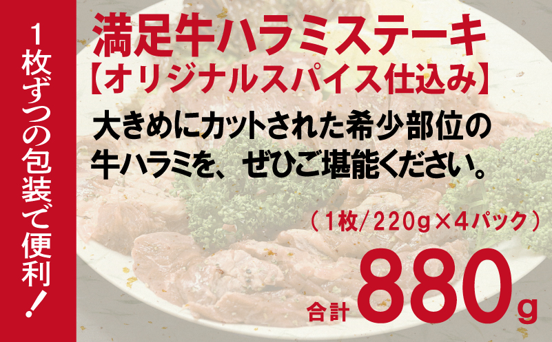 【満足牛ハラミステーキ】オリジナルスパイス仕込み 1枚220g×4P 合計880g 【味付け ハラミ ステーキ 小分け 焼くだけ 簡単調理 BBQ 牛肉】 010B1722