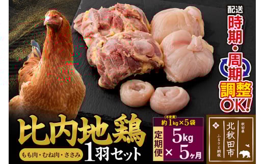 《定期便5ヶ月》 比内地鶏 1羽セット（もも肉・むね肉・ささみ）約5kg（約1kg（不定貫）×5袋）×5回 計25kg 時期選べる お届け周期調整可能 5か月 5ヵ月 5カ月 5ケ月 25キロ 国産 冷凍 正肉 鶏肉 鳥肉