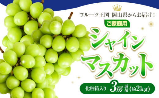 【先行予約】ご家庭用 フルーツ王国 岡山県産 シャインマスカット 化粧箱入り 3房  (約2kg)  Lino ＆ Kai Farm《2026年10月上旬-11月中旬頃出荷》マスカット 送料無料 岡山県 浅口市 シャインマスカット 岡山 ぶどう フルーツ 果物 st-p