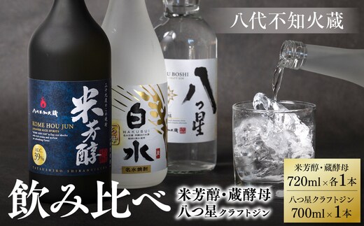 
										
										八代不知火蔵 純米焼酎 米芳醇 720ml 白水 蔵酵母 720ml 八つ星 和柑橘 クラフトジン 700ml 飲み比べ 各1本 (計3本) 瓶 
									