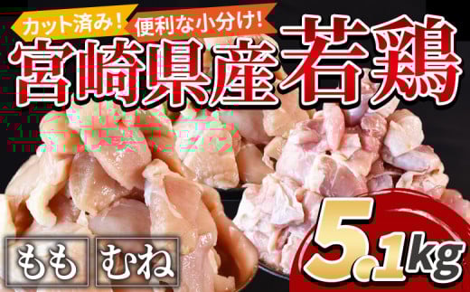 ＜宮崎県産若鶏切身5.1kg　鶏肉　＞入金確認後、3か月以内に順次出荷【 鶏肉 詰め合わせ セット からあげ 唐揚げ カレー シチュー BBQ 煮物 チキン南蛮 小分け おかず おつまみ お弁当 惣菜 時短 炒め物 簡単料理 】