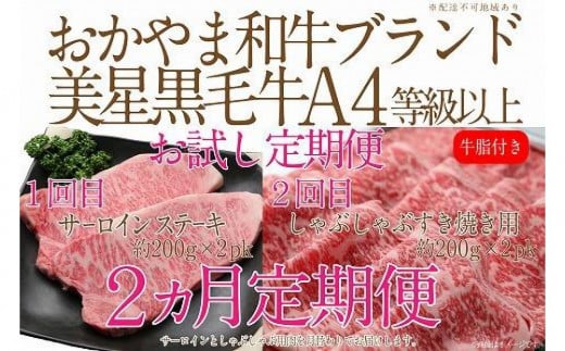 
            【定期便2か月】　岡山　黒毛和牛　美星牛　A４等級以上　牛脂付き　お試し定期便 合計約８００g（サーロイン約４００ｇしゃぶしゃぶすき焼き用約４００ｇ）生産者直送便  美星牧場　定期便
          