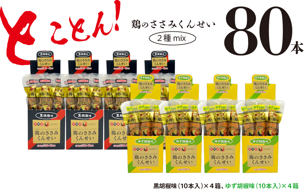 
            鶏のささみ くんせい 2種 セット 80本 黒胡椒・柚子胡椒 食べ比べ おつまみ スモーク チキン 燻製
          