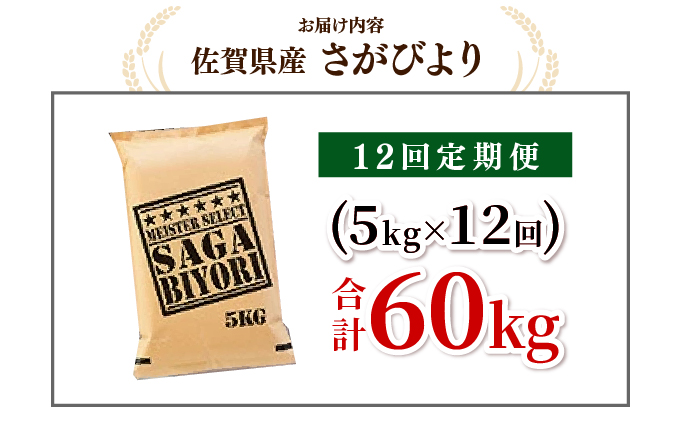 [令和7年産] ＜定期便12回＞ 特A評価 さがびより 白米 5kg×12回 15ob-0008-202506