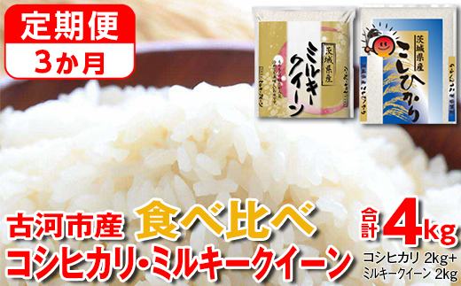 【定期便 3か月】 令和6年産 古河市のお米食べ比べ コシヒカリ・ミルキークイーン 2kg×2種類◇｜米 コメ こめ ごはん ご飯 ゴハン 白飯 単一米 国産 コシヒカリ こしひかり ミルキークイーン 食べ比べ 2kg×2 4kg 定期便 3ヶ月 3回 茨城県 古河市_DP49