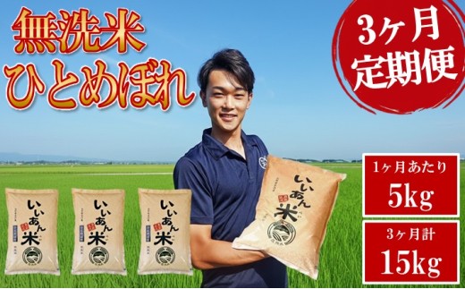 無洗米 定期便 ひとめぼれ 5kg×3回 計15kg 米 白米 お米 おこめ こめ コメ ご飯 おにぎり 弁当 おいしい いいあん米 JGAP認証 農家直送 山形産 山形県産 庄内産 アグレスト 山形 酒田 AG　SD0291