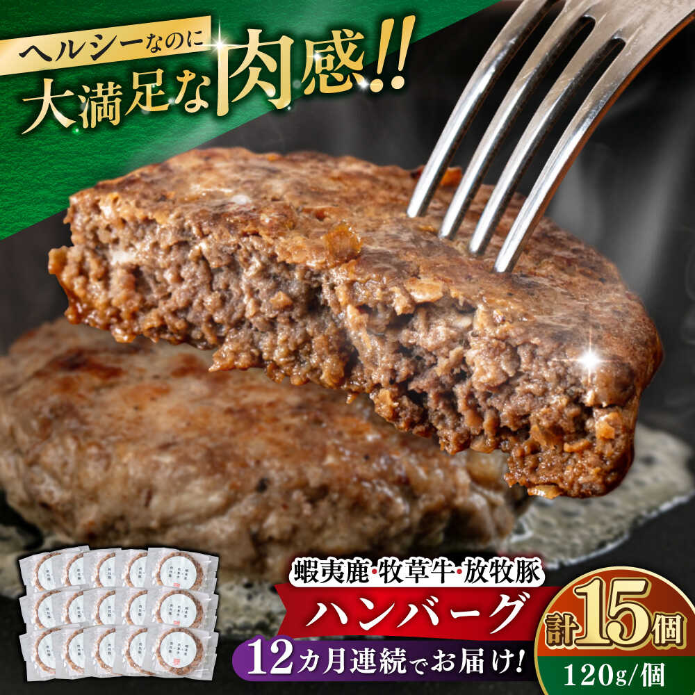 【ふるさと納税】【全12回定期便】【蝦夷鹿×牧草牛×放牧豚】ハンバーグ 15個《厚真町》【GOODGOOD株式会社】 ハンバーグ 鹿肉 牛肉 豚肉 小分け 冷凍配送 北海道[AXBP037]