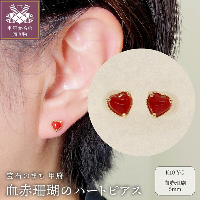 【ふるさと納税】＜ 甲府ジュエリー ＞ ピアス ジュエリー レディース アクセサリー K10 イエローゴールド ハート シンプル 血赤珊瑚 ギフト プレゼント ジュエリーケース付 鑑別書付 保証書付 k076-065