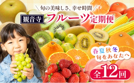 定期便　【2025年受付】 観音寺からのフルーツ定期便 年12回【せとか 約3kg（7～15玉）、さぬきひめ苺 約1kg（約250g×4パック）、貯蔵デコポン 約2kg（5～10玉）、スイートコーン（7～10本） 約2.8kg、桃 約1.8kg（5～9玉）、梨（幸水又は豊水） 約2.8kg（7～10玉）、シャインマスカット 大房約700g、ゆら早生みかん （L～Sサイス）約3kg、富有柿 約...