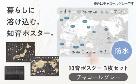 知育 知育ポスターチャコールグレー 3枚セット 日本地図 世界地図 知育 教育 BJBA006