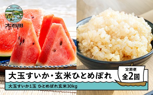 【2回定期便】すいか 大玉 1玉 米 新米 ひとめぼれ 玄米 30kg 令和8年産 2026年産 山形県 大石田町産 gt-tkshx10