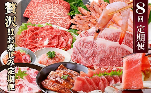定期便8回配送　ぜいたく!!お楽しみ定期便　HH0-0001【1505356】 _ 定期便 肉 牛肉 魚介 鰹 エビ マグロ 鰻 ホルモン ステーキ サーロイン ネギトロ 人気 おすすめ 送料無料 贈答 ギフト 