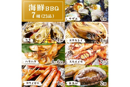 大満足！京丹後・海鮮BBQ　Fセット　豪華盛り合わせ　生ズワイガニ　アワビ付　7種23品（4～5人前）