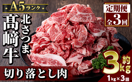 s700  ＜定期便・全3回＞鹿児島県産 北さつま高崎牛 切り落とし肉(計3kg(約500g×2P×3回) 国産 九州産 黒毛和牛 A5ランク A5等級 赤身 雌牛 切落し 切り落し 切落とし 牛肉 小分け お肉 真空パック 冷凍 【太田家】