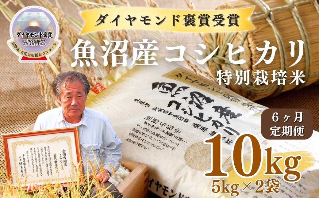 
                  【令和8年産先行予約】【6ヶ月定期便】魚沼産コシヒカリ 10kg(5kg×2袋) 特別栽培米 ダイヤモンド褒賞受賞 |  新潟産コシヒカリ 新潟県産コシヒカリ 魚沼産こしひかり 米 お米 こしひかり 白米 精米 ブランド米 最高級 新潟県 津南町
                