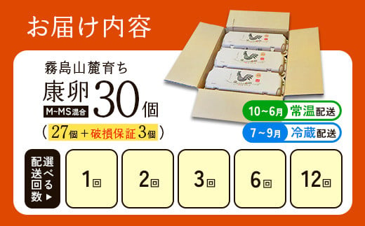 【内容量/発送月 選べる】卵【定期便】霧島山麓育ち こだわり卵 康卵 計 30個（27個 + 割れ保証 3個）