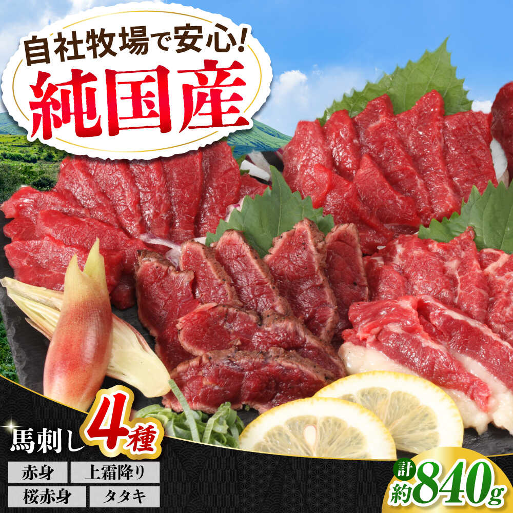 【ふるさと納税】『純国産』熊本の味 馬刺し 満喫 4種 セット 計約840g（420g×2セット）赤身 上霜降り 桜 タタキ 食べ比べ 馬肉 熊本 ばさし 冷凍 詰め合わせ 合志【有限会社 九州食肉産業】[AYCN007] 馬刺 食べ比べ 国産 晩酌 おつまみ ギフト