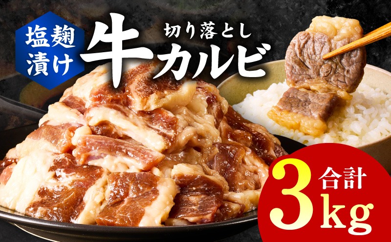 G3398 牛カルビ 焼肉用 塩麹漬け 合計3kg【味付け 小分け 焼くだけ 簡単調理 BBQ 牛肉 250g×12袋】