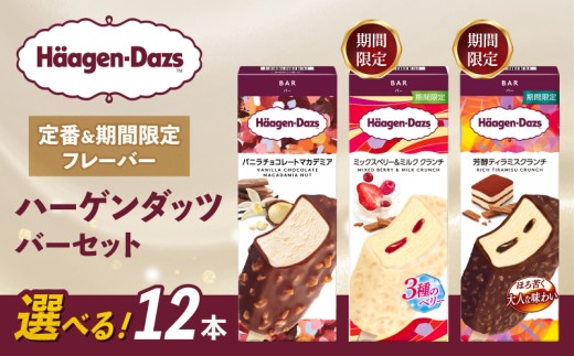 【セット内容が選べる】 定番 ＆ 期間限定フレーバー ハーゲンダッツ バー セット 12本入  Dセット〈バニラチョコレートマカデミア(6本)、ミックスベリー＆ミルク クランチ(6本)〉｜ハーゲンダッツ アイスクリーム ギフト セット 詰め合わせ バニラチョコレートマカデミア ミックスベリー＆ミルク クランチ 芳醇ティラミスクランチ 愛媛県 松前町