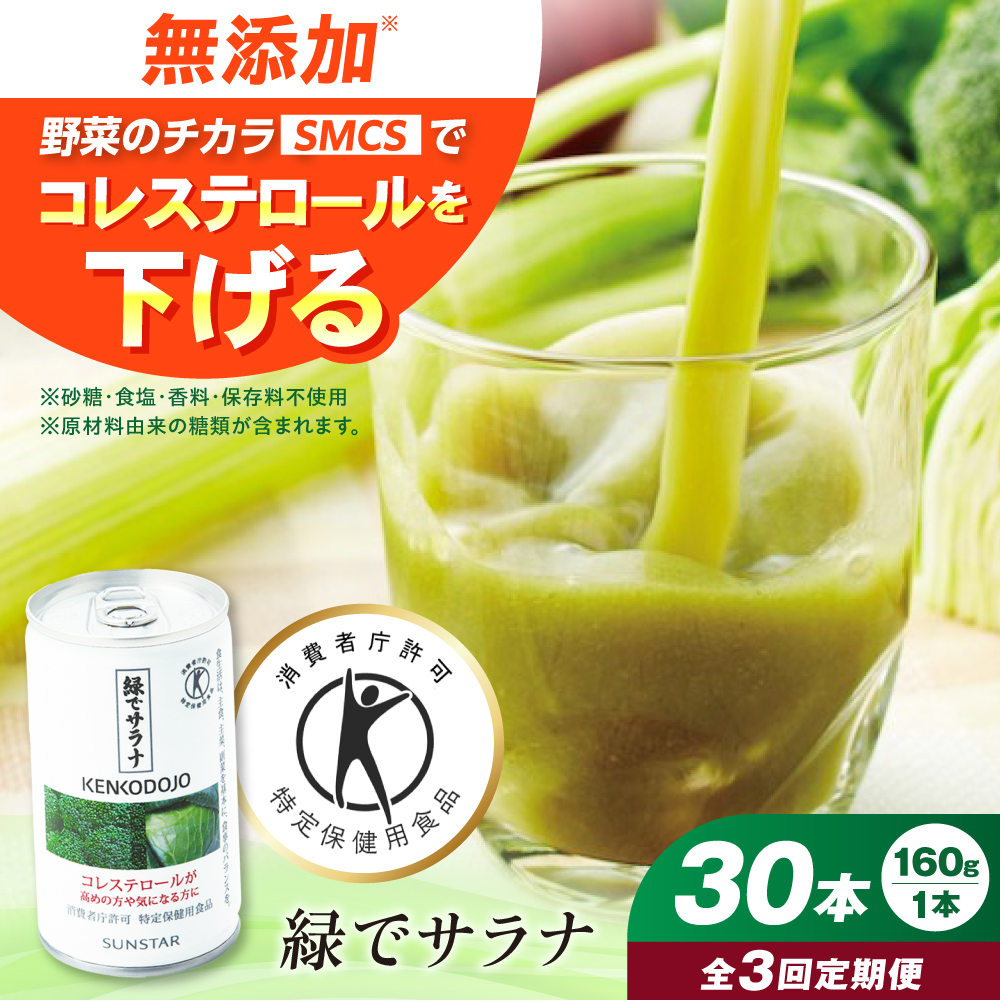 【定期便3回】サンスター 緑でサラナ 30本セット 160g 野菜ジュース 青汁 サラナ 缶 ケース まとめ買い 健康 特定保健用食品 トクホ コレステロール 保存料不使用 無添加 国産 長期保存 常温 防災 ギフト 定期便 大阪府高槻市/サンスター[AOAD005]