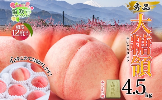 
                  【2026年発送★先行予約】桃 秀品 4.5kg 大糖領 糖度12％以上※クール便配送 177-003　| もも 桃 大糖領 発送 山梨 笛吹市 糖度センサー 高糖度 化粧箱 希少 希少品種 ピーチ 果物 フルーツ 新鮮 旬 秀品 4.5kg 国産 高級 山梨県笛吹市 2026年発送 高級品種 先行 贈答用 贈答 ギフト
                