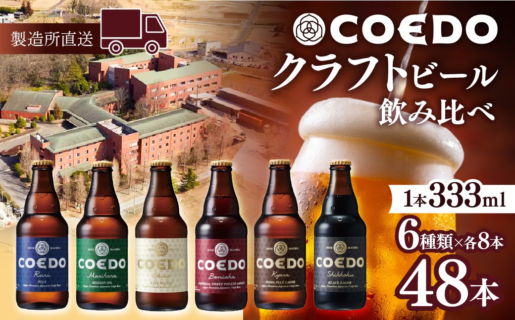
                  ビール クラフトビール コエドビール 瓶 6種類  333ml 48本セット 毬花 瑠璃 伽羅 漆黒 白 紅赤 各8本  | ビール 地ビール クラフトビール COEDO コエド こえどびーる お酒 瓶ビール 宅飲み 家飲み 晩酌 父の日 母の日 ギフト プレゼント 贈り物 贈答品 くらふとびーる びーる 地びーる 瓶びーる 手土産 ピルスナー IPA IPL 埼玉県 東松山市
                