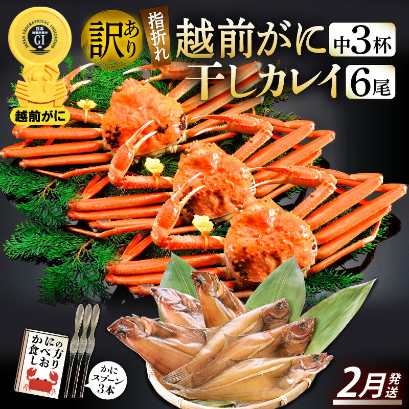 【ふるさと納税】「訳あり 指折れ 越前がに（中）3杯」+ 「干しカレイ 6尾」 食べ方しおり かにスプーン付き【雄 ズワイガニ ずわいがに 越前ガニ 姿 ボイル 冷蔵 福井県】【2月発送分】希望日指定可 備考欄に希望日をご記入ください [e15-x007_02]