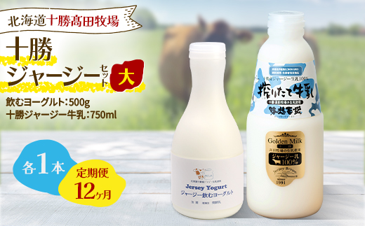 【毎月定期便】十勝ジャージーセット 大 各1本(飲むヨーグルト500g・牛乳750ml)全12回【配送不可地域：離島】