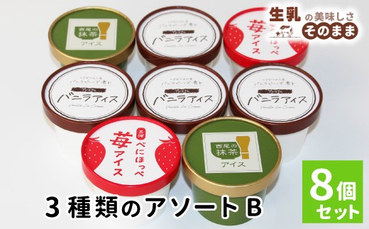 
                  〈1週間以内発送〉3種類のアソートB　 8個セット　バニラアイスクリーム　紅ほっぺ　西尾の抹茶　いちご　アイスクリーム　ソフトクリーム　スイーツ　デザート  根羽村 ネバーランド 7000円
                