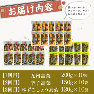 ＜定期便全3回＞たかな3種定期便 (10袋×3回) 漬物 高菜 つけもの【曽於市観光協会】T72