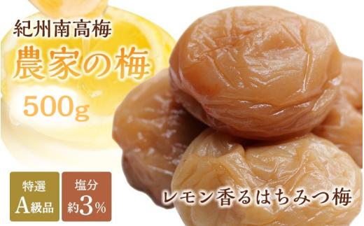 
                  梅干し はちみつ梅干し 塩分約3％ 紀州南高梅「農家の梅」500g レモンパウダー入り / 梅干 梅 うめぼし ウメボシ はちみつ梅 蜂蜜梅 蜂蜜 はちみつ 減塩 低塩 塩分控えめ 肉厚 国産 和歌山 田辺市 お弁当 おにぎり ご飯のお供 お米 人気 お取り寄せ 贈答 ギフト プレゼント 梅干しギフト 紀州梅干し レモン【nkn800-3】
                