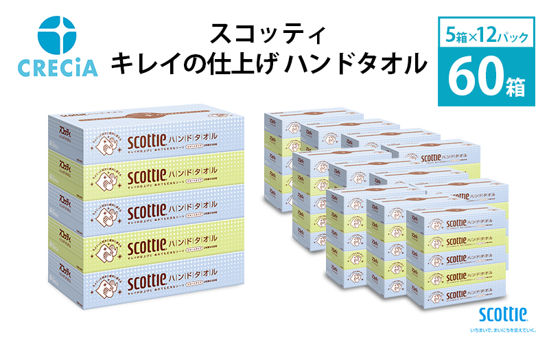 ペーパータオル キレイの仕上げ 60箱 (5箱×12パック) スコッティ ハンドタオルペーパー 手拭きペーパー 使い捨てタオル タオルペーパー 防災 災害 衛生用品 日用品 消耗品 生活用品 生活必需品 まとめ買い 宮城 宮城県 岩沼市