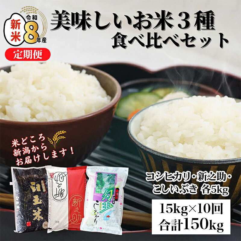 【ふるさと納税】《令和8年産新米》コシヒカリ・こしいぶき・新之助 各5kg 計15kg×10回【10ヶ月定期便】【10月以降順次発送】 食べ比べセット 新潟産コシヒカリ5kg 新潟産新之助5kg 新潟産こしいぶき5kg 米 食べ比べ 糸魚川 白米 お弁当 おすすめ 人気 木島米穀店