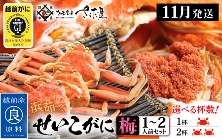 浜茹で 越前せいこがに≪梅セット≫1～2人前 かに酢 食べ方しおり スプーン付き【雌 ズワイガニ】【カニ 越前ガニ セコガニ カニみそ】【小サイズ：110～170g × 2杯（※茹で前重量）】【11月発送分】希望日指定可 備考欄に希望日をご記入ください [e04-x012_11b]