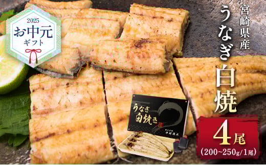 お中元対応「玄人の一品」うなぎ 白焼き ギフト 4尾（200～250g/1尾あたり）宮崎県産鰻 蒲焼きタレ付（50ml×2本）配送日指定可 国産 有頭 熨斗 贈答品【N67-25】