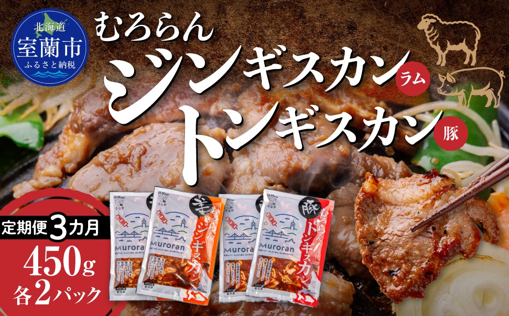 【3カ月定期便】むろらん ジンギスカン（ラム）トンギスカン（豚）450g×各2パック MROBA018