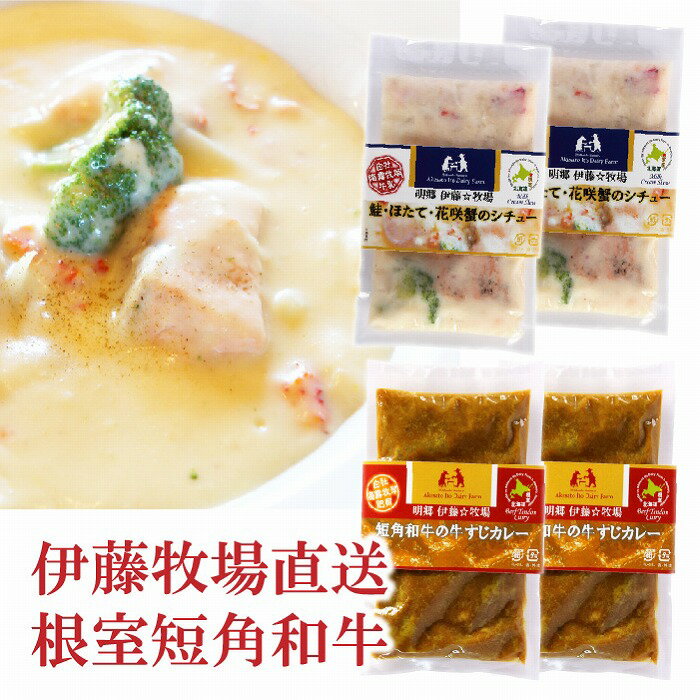 【ふるさと納税】 鮭・ほたて・花咲蟹シチュー 2P、牛すじカレー 2P セット グルメ 帆立 帆立貝柱 ほたて貝柱 ホタテ貝柱 貝柱 サケ さけ しゃけ シャケ 花咲がに 花咲 花咲ガニ かに カニ 蟹 お取り寄せ 海鮮 牛筋 牛スジ カレー 北海道 根室市 ふるさと納税 A-13008