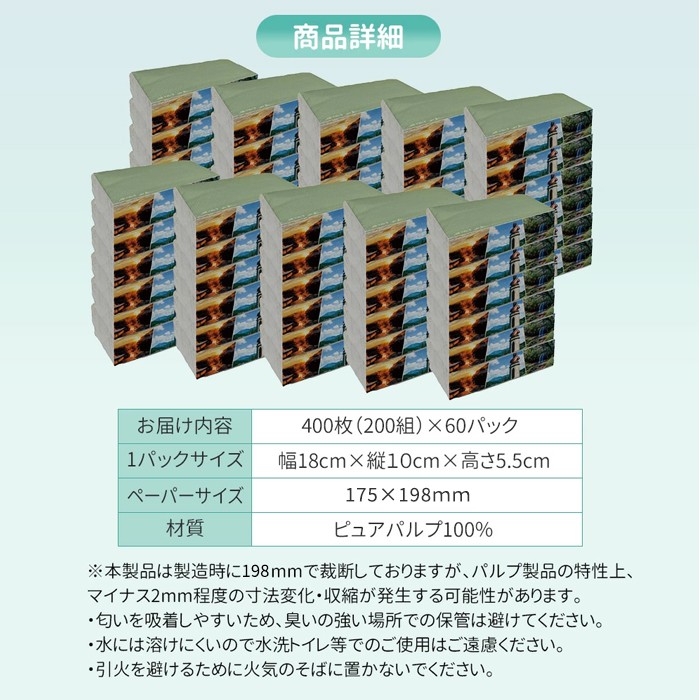 【令和8年4月～出荷】ティッシュペーパー ピュアパルプ ソフトパックティッシュ 60パック×400枚 200組 柔らか コンパクト 日用品 必需品 まとめ買い 常備品 備蓄 防災グッズ 熊本県 小国町 観光スポット紹介 オリジナル 常温配送