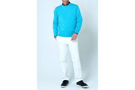 日本製 カシミヤ100% クルーネック ターコイズブルー Sサイズ [2617]