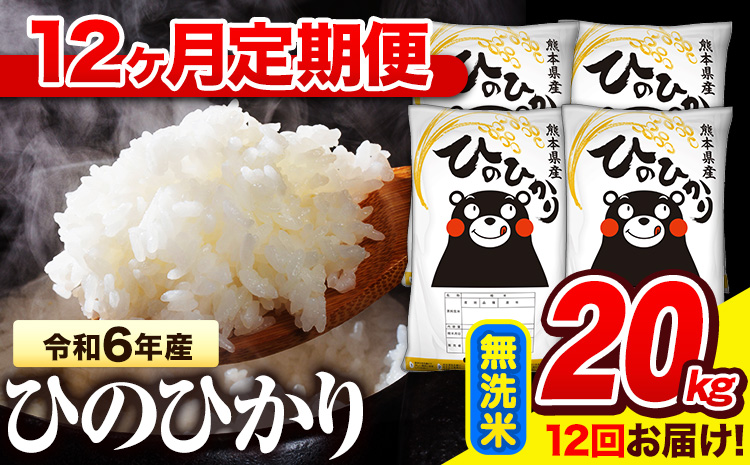 令和6年産  無洗米 【12ヶ月定期便】 ひのひかり 20kg《お申し込み月の翌月から出荷開始》 熊本県産 無洗米 精米 氷川町 ひの 送料無料 ヒノヒカリ コメ 便利 ブランド米 お米 おこめ 熊本