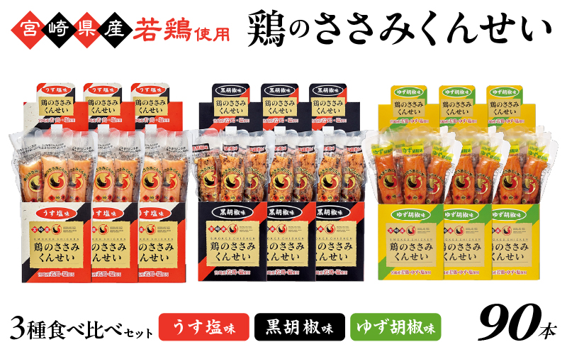 鶏のささみくんせい 3種食べ比べ 90本セット ＜うす塩・黒胡椒・ゆず胡椒 ＞ おつまみ スモーク チキン 燻製