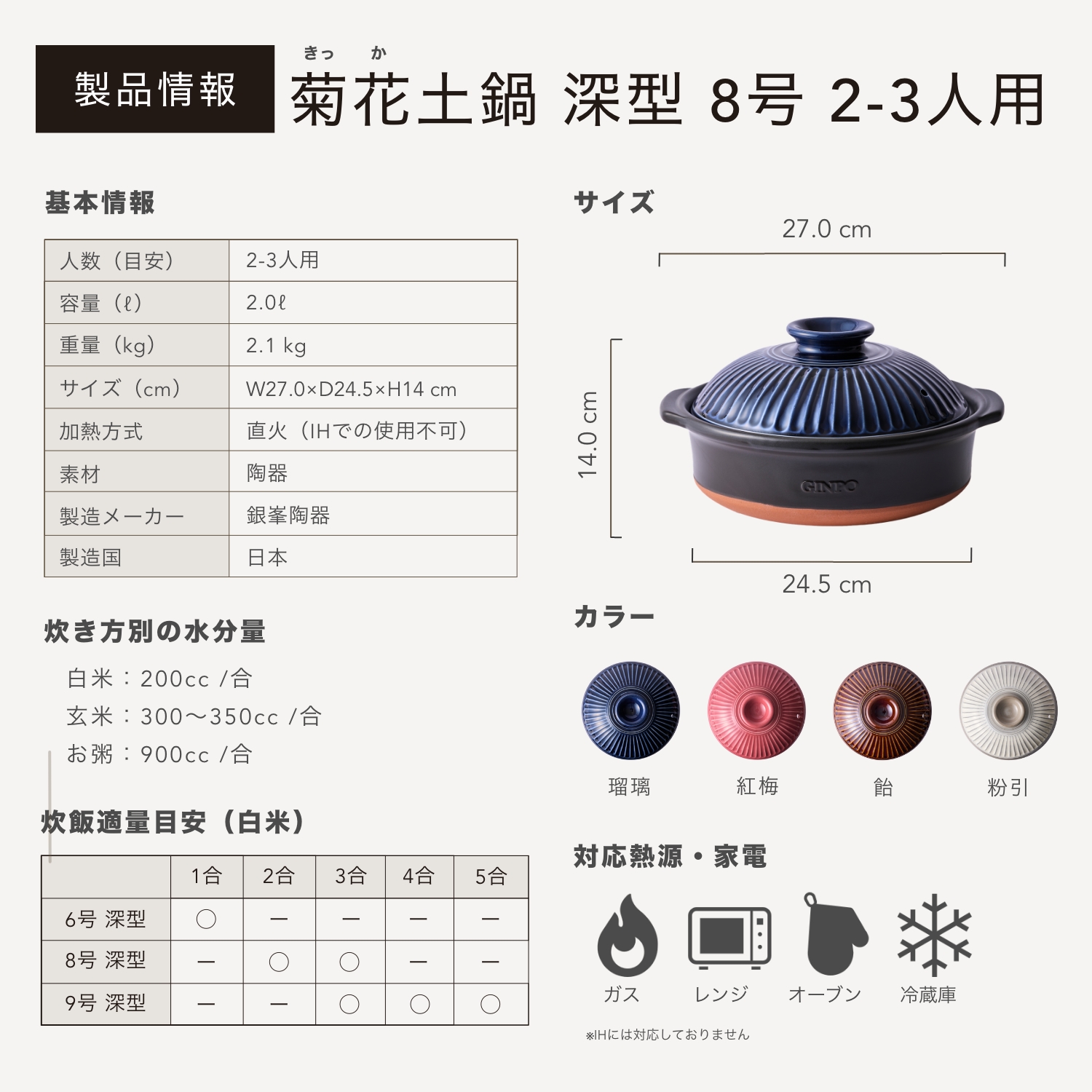 【萬古焼（ばんこやき）】菊花 深型土鍋 8号 カラー：瑠璃│二人用 三人用 二合 2合 3合 秋 冬 おしゃれ ご飯 ごはん 家庭用 家族 家庭 料理 贈り物 直火 レンジ 炊飯 銀峯 GINPO_イ